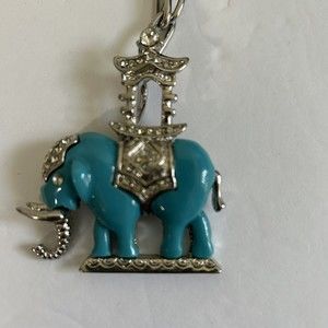 Vintage Teal Lucite Clear Rhinestone Elephant Pendant Silver tone Fashion